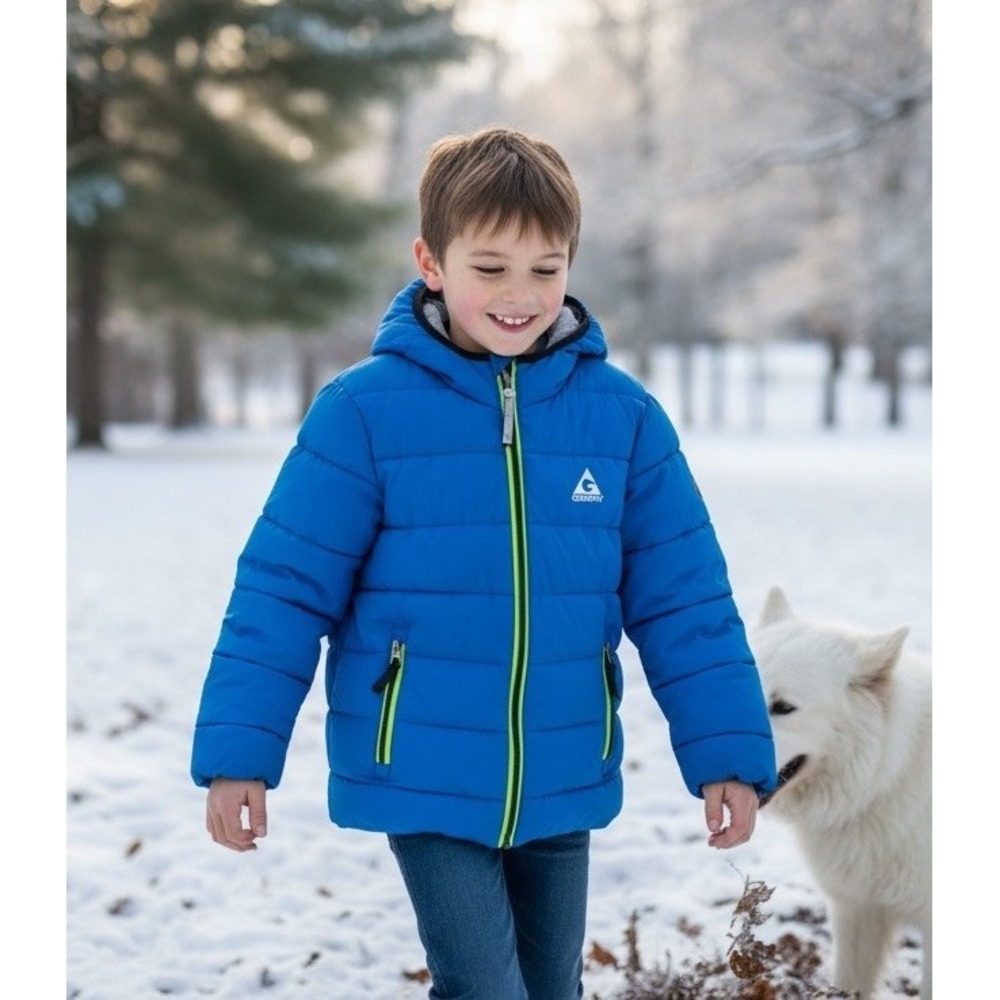 Gerry Kids Size 6 Jersey Lined Bubble Hooded Jacket Navy & Neon Green Puffer‎